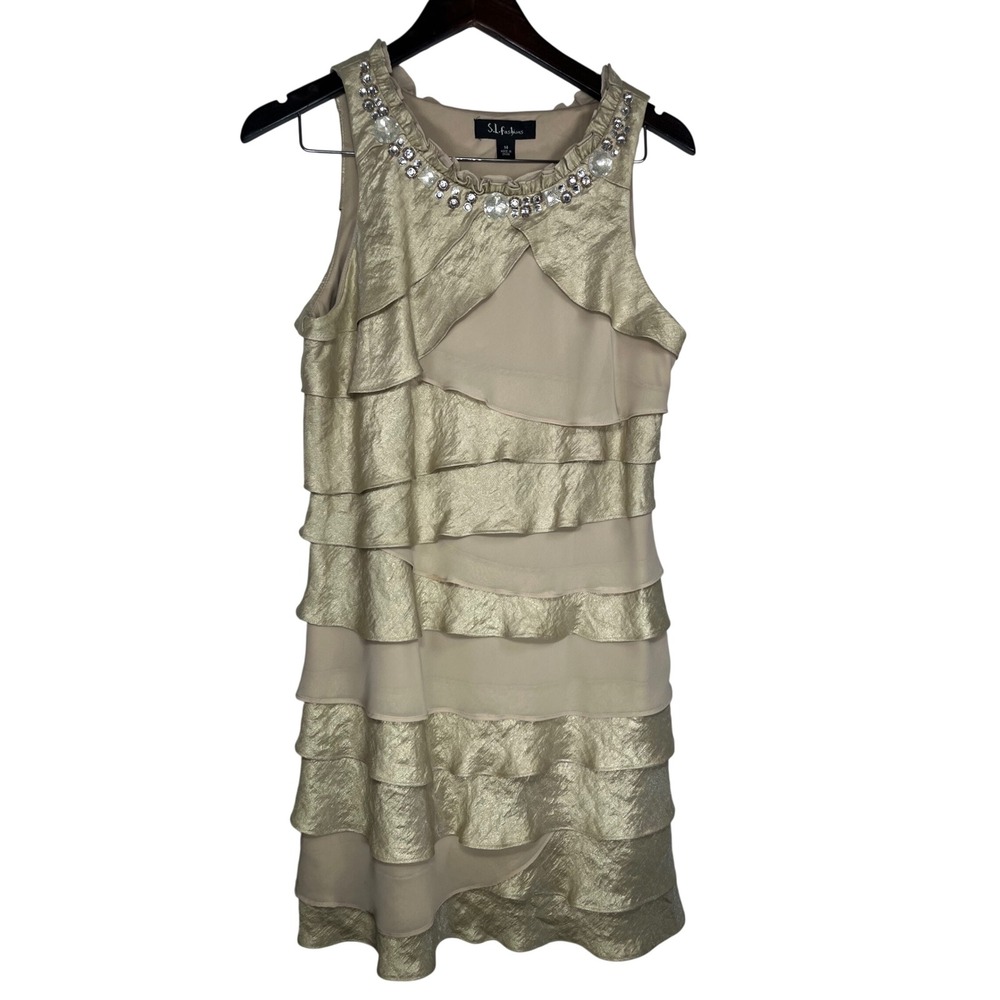 S.L. Fashions Tiered Ruffle Dress Womens 14 Gold Metallic Jeweled Cocktail Party